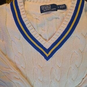 Polo by Ralph Lauren V-Neck Sweater in Cream with Blue and Yellow Stripes